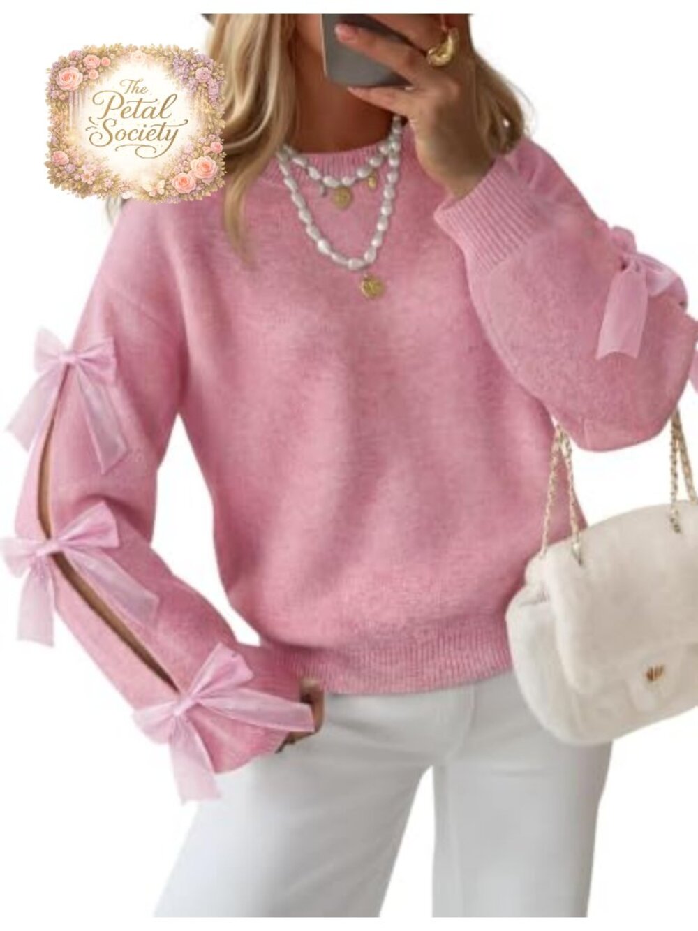 Womens Chunky Knit Oversized Sweater Bow Sleeve Crew Neck Pullover